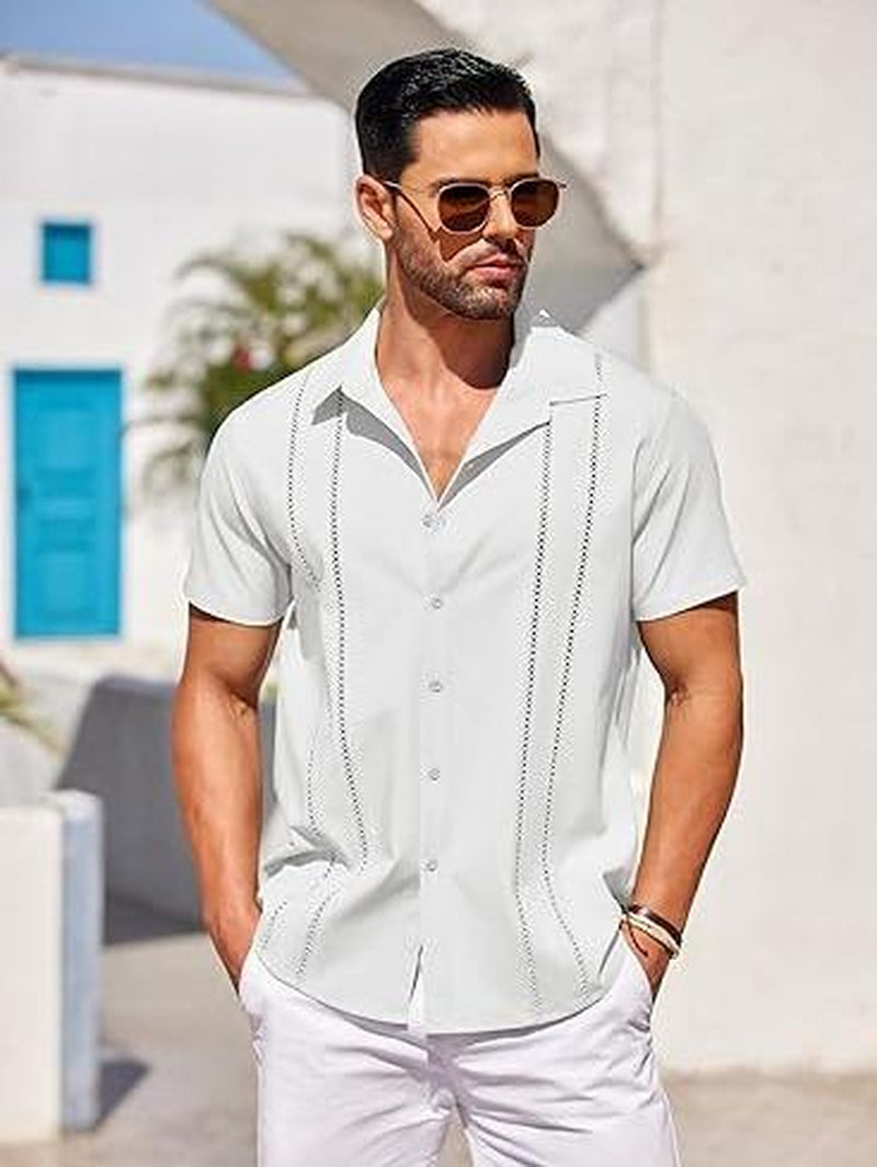 COOFANDY Men'S Cuban Guayabera Shirt Short Sleeve Button down Shirts Casual Summer Beach Linen Shirts Menswear Soft