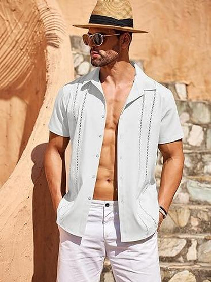 COOFANDY Men'S Cuban Guayabera Shirt Short Sleeve Button down Shirts Casual Summer Beach Linen Shirts Menswear Soft