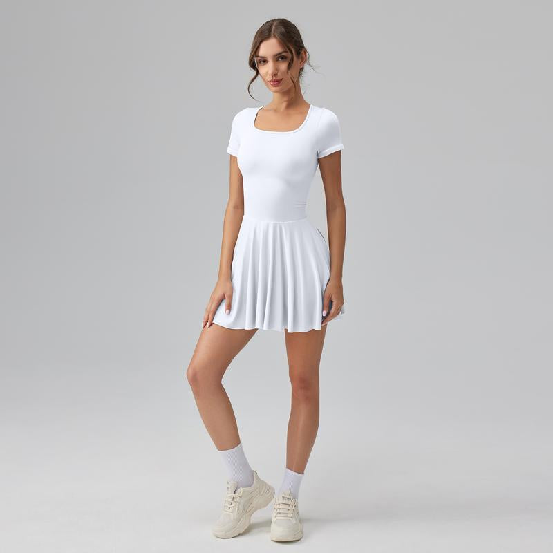 OQQ Women'S Square Tie Leggings Pleated Hem Mini Dress Summer Short Sleeves Paired with a Short Party Dress