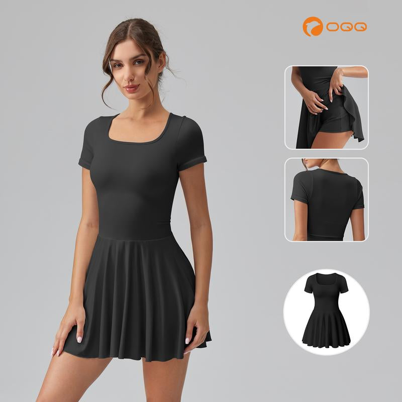 OQQ Women'S Square Tie Leggings Pleated Hem Mini Dress Summer Short Sleeves Paired with a Short Party Dress