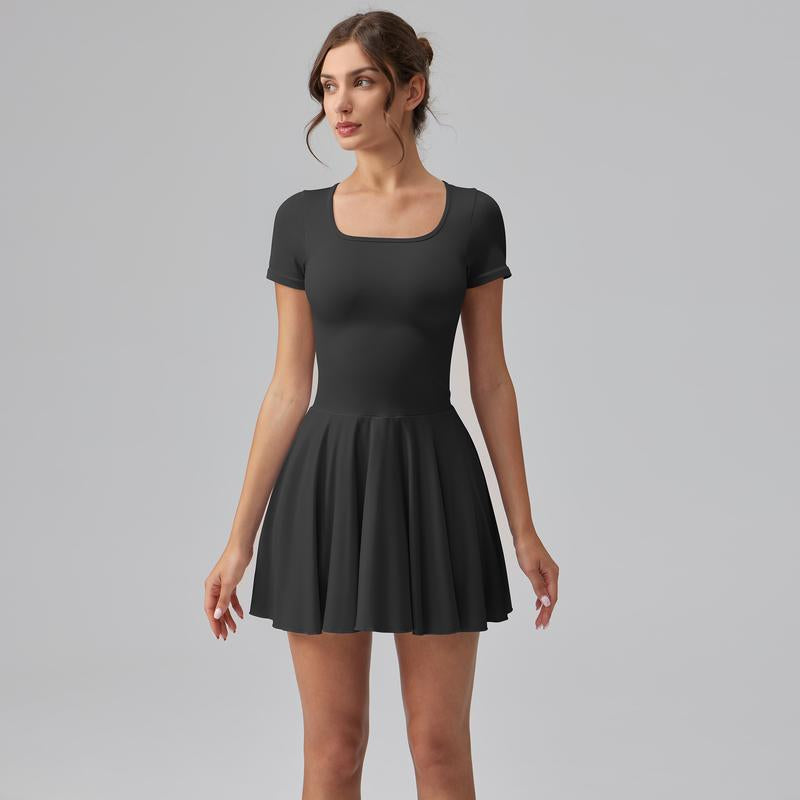 Women'S Square Tie Leggings Pleated Hem Mini Dress Summer Short Sleeves Paired with a Short Party Dress