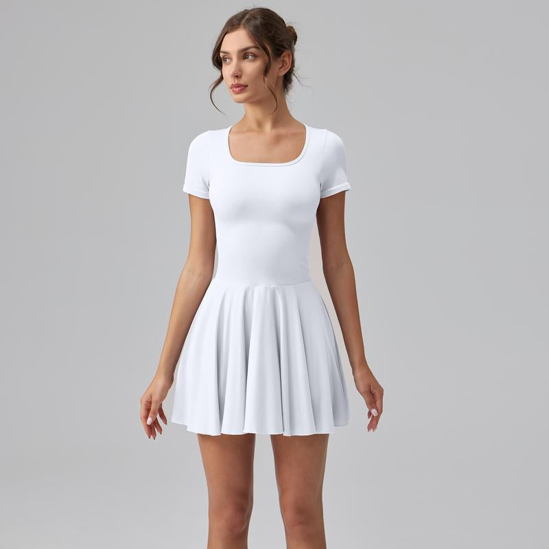 Women'S Square Tie Leggings Pleated Hem Mini Dress 