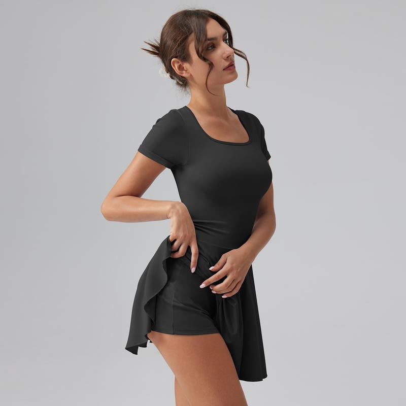 OQQ Women'S Square Tie Leggings Pleated Hem Mini Dress Summer Short Sleeves Paired with a Short Party Dress