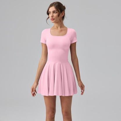 Women'S Square Tie Leggings Pleated Hem Mini Dress 