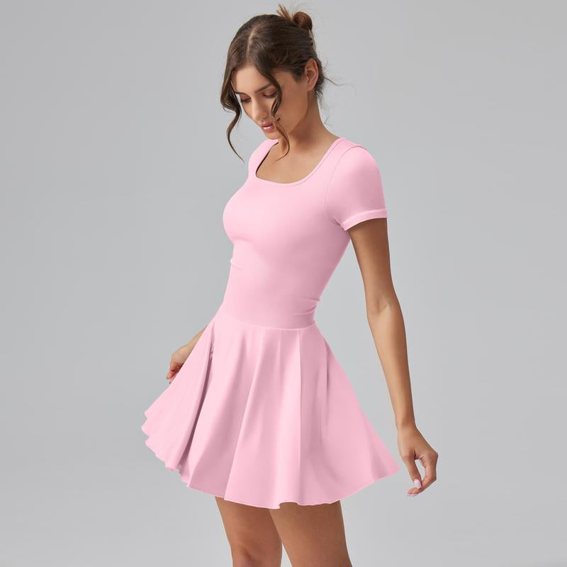 OQQ Women'S Square Tie Leggings Pleated Hem Mini Dress Summer Short Sleeves Paired with a Short Party Dress