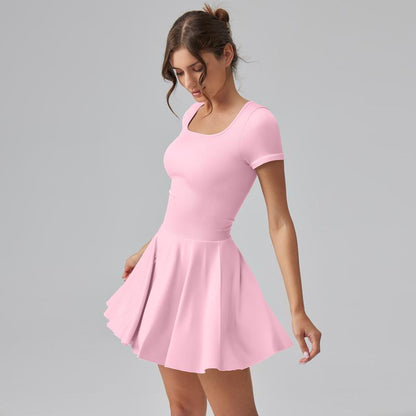 OQQ Women'S Square Tie Leggings Pleated Hem Mini Dress Summer Short Sleeves Paired with a Short Party Dress