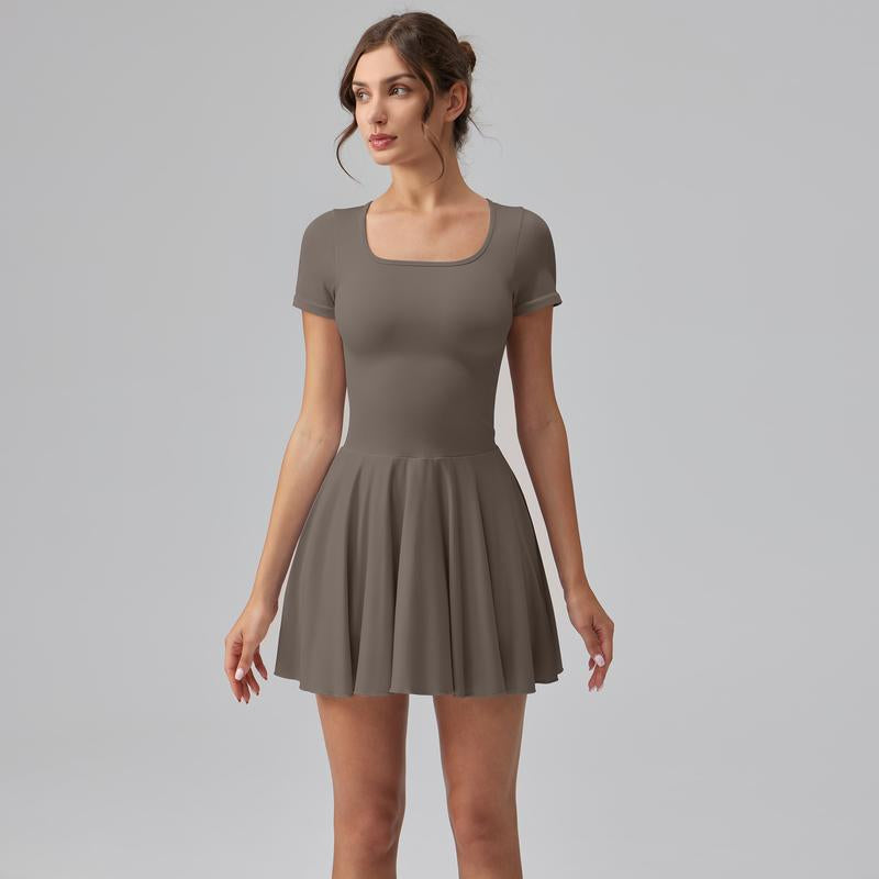 Women'S Square Tie Leggings Pleated Hem Mini Dress 