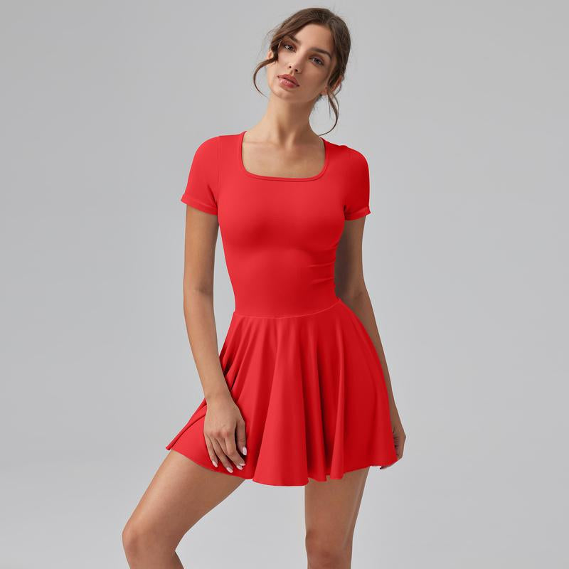 OQQ Women'S Square Tie Leggings Pleated Hem Mini Dress Summer Short Sleeves Paired with a Short Party Dress