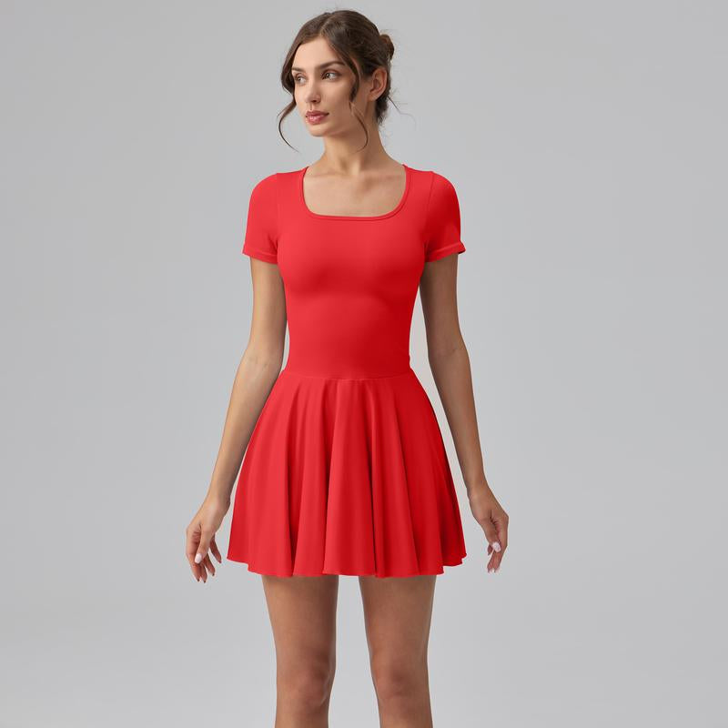 Women'S Square Tie Leggings Pleated Hem Mini Dress 